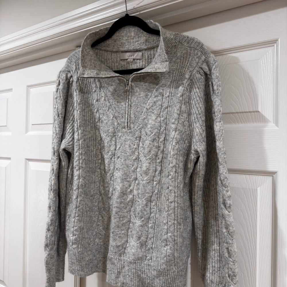 LOFT Light Gray Zip-Up Cable Knit Sweater
